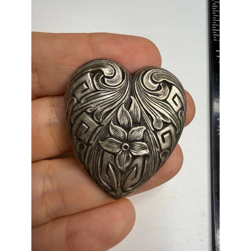 Silver Tone Heart Scarf Slide Clip Repousse Floral Scroll Design Accessory